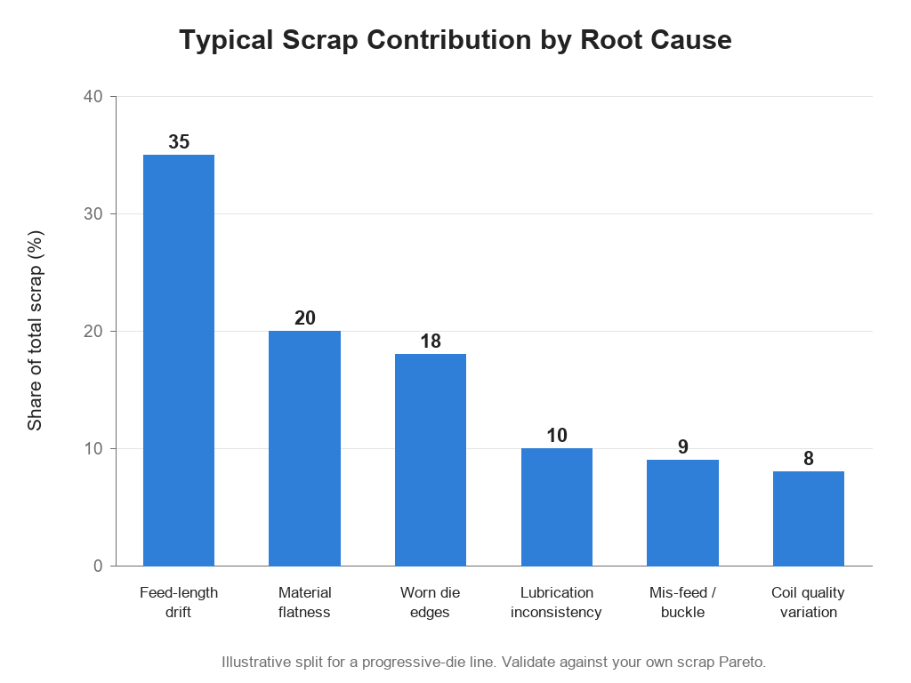 Bar chart of typical scrap contribution by root cause in coil-fed stamping